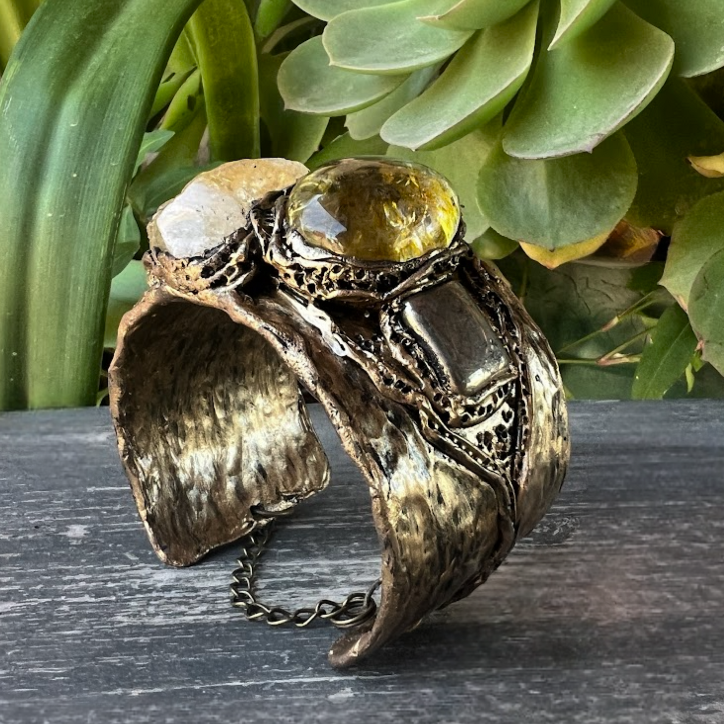 Citrine Crystal Cuff Bracelet with Pyrite - Statement Chunky Gemstone Jewelry