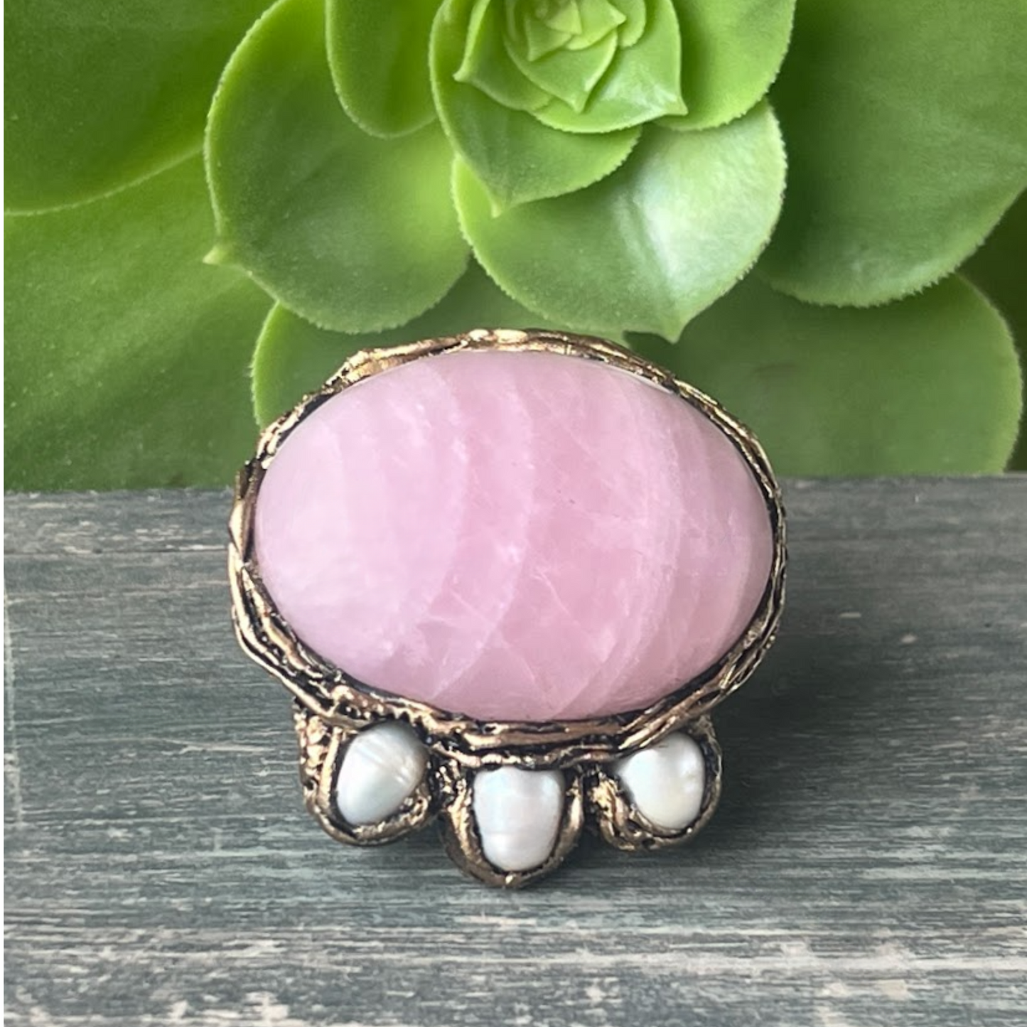 Rose Quartz Crystal Chunky Ring with Pearls, Statement Cocktail Ring