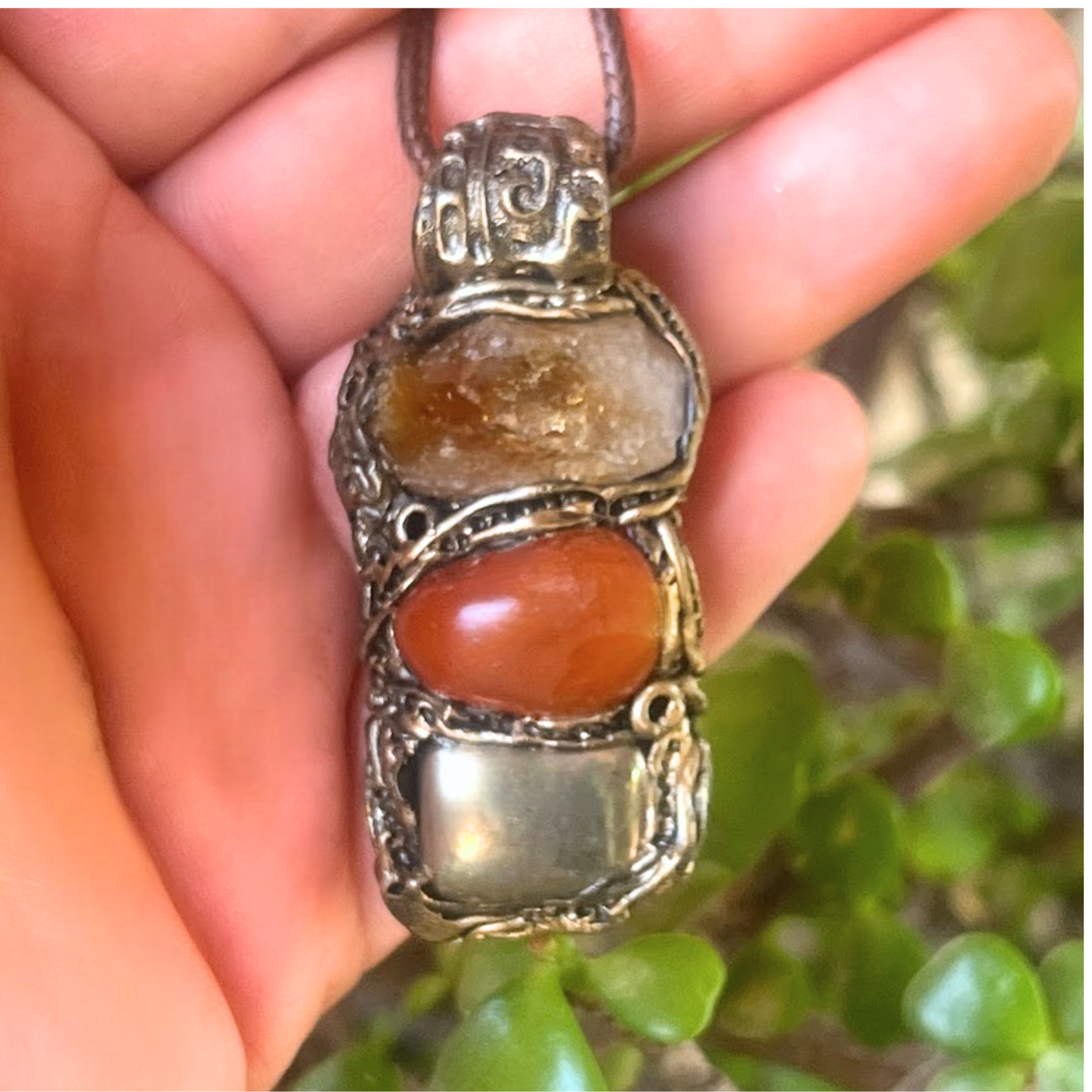 Raw Citrine, Pyrite, and Carnelian Good Luck Pendant Necklace, Raw Crystal Wealth Amulet