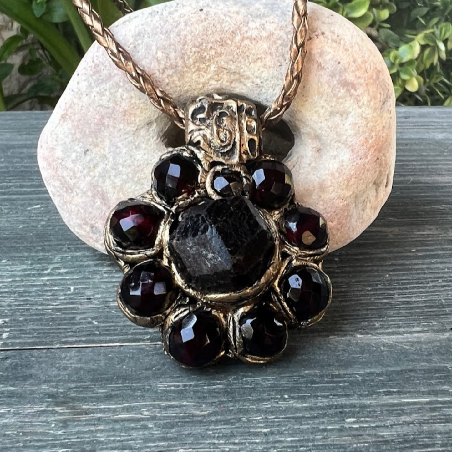 Garnet choker raw stone necklace, red flower crystal pendant