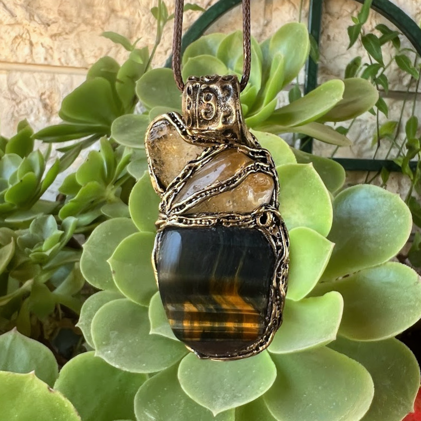 Tiger’s Eye & Citrine Protection Necklace – Crystal Amulet Pendant, Statement Gemstone Jewelry
