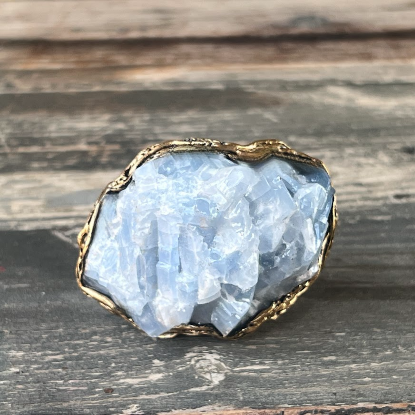 Chunky Raw Crystal Ring with Blue Calcite - Statement Gemstone Jewelry