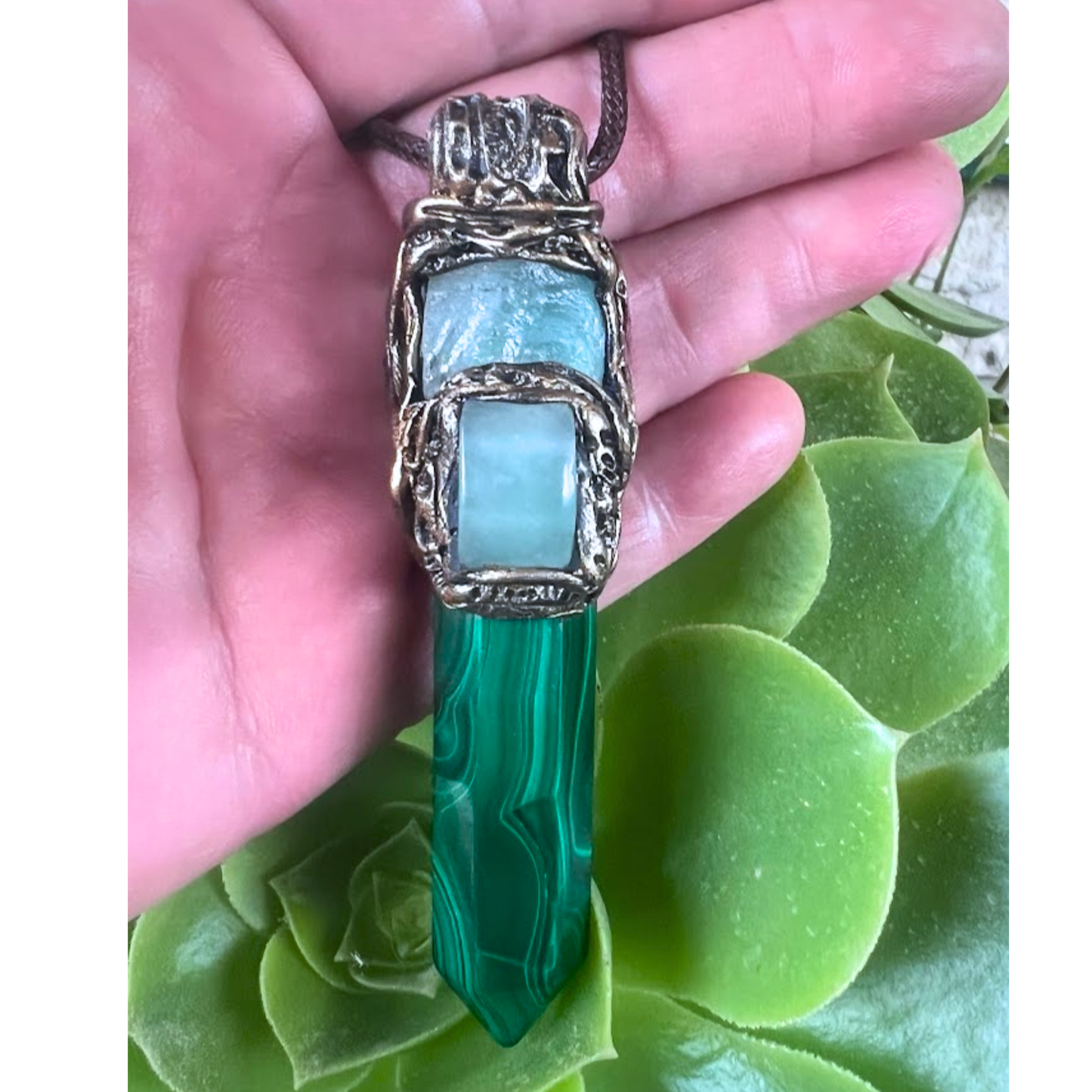 Green Crystal Pendant Necklace with Malachite, Fluorite, Aventurine - Amulet Jewelry