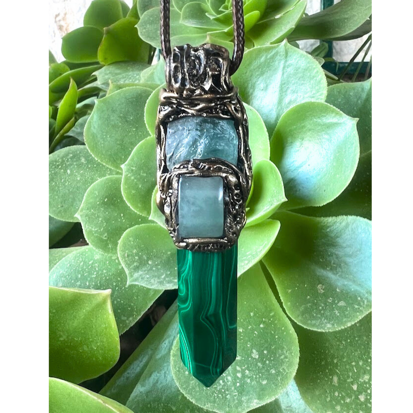 Green Crystal Pendant Necklace with Malachite, Fluorite, Aventurine - Amulet Jewelry