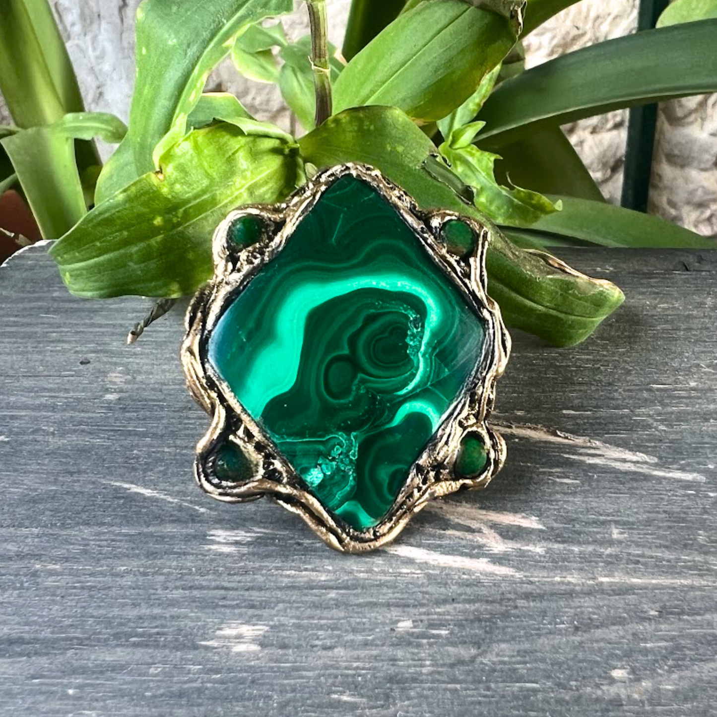 Green Malachite Large Stone Chunky Ring, Bold Statement Cocktail Ring