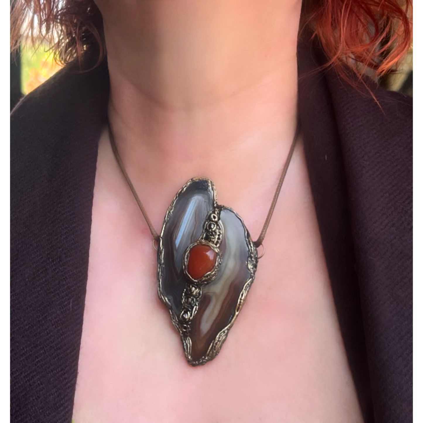 Agate & Carnelian Gemstone Pendant Necklace — Chunky Bold Crystal Jewelry