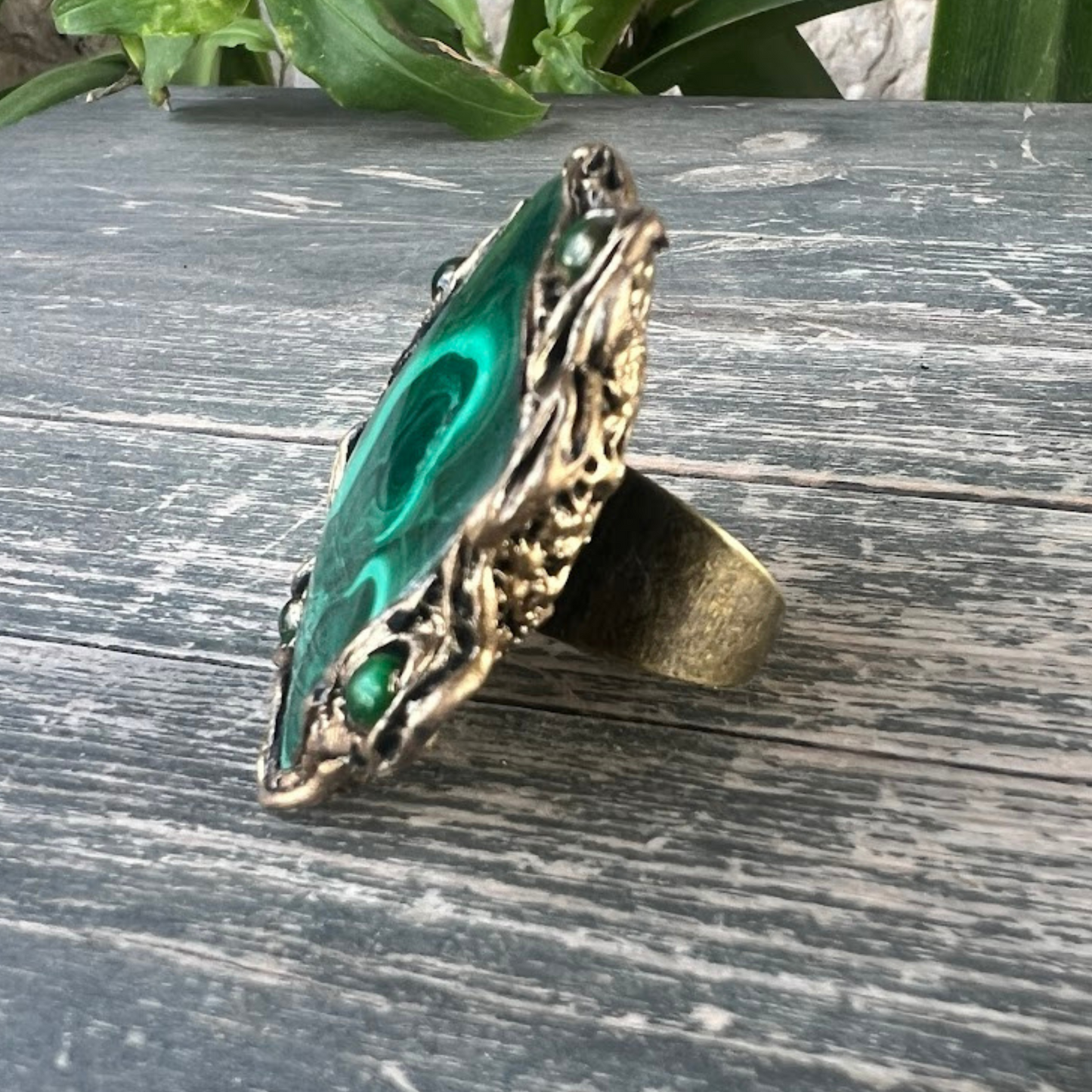 Green Malachite Large Stone Chunky Ring, Bold Statement Cocktail Ring