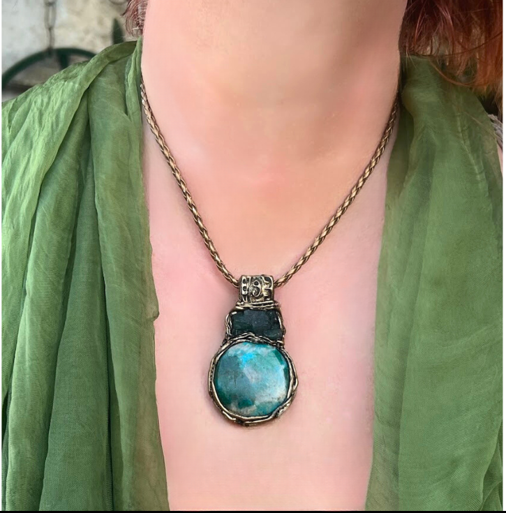 Raw Emerald and Chrysocolla Necklace - Green Blue Crystal Pendant