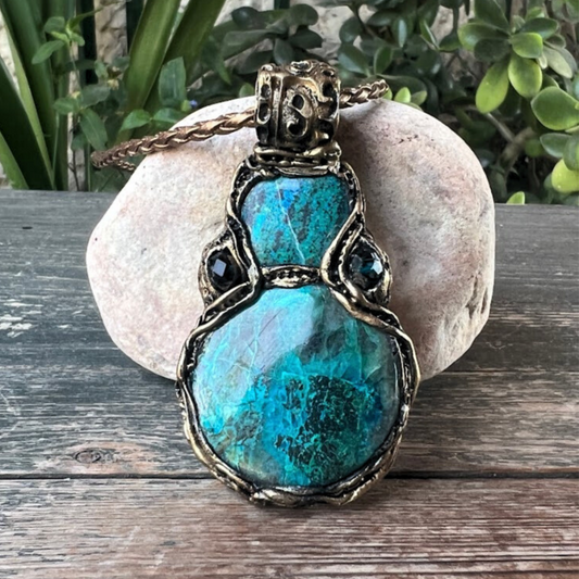 Blue Green Chrysocolla Crystal Necklace, Large Stone Pendant