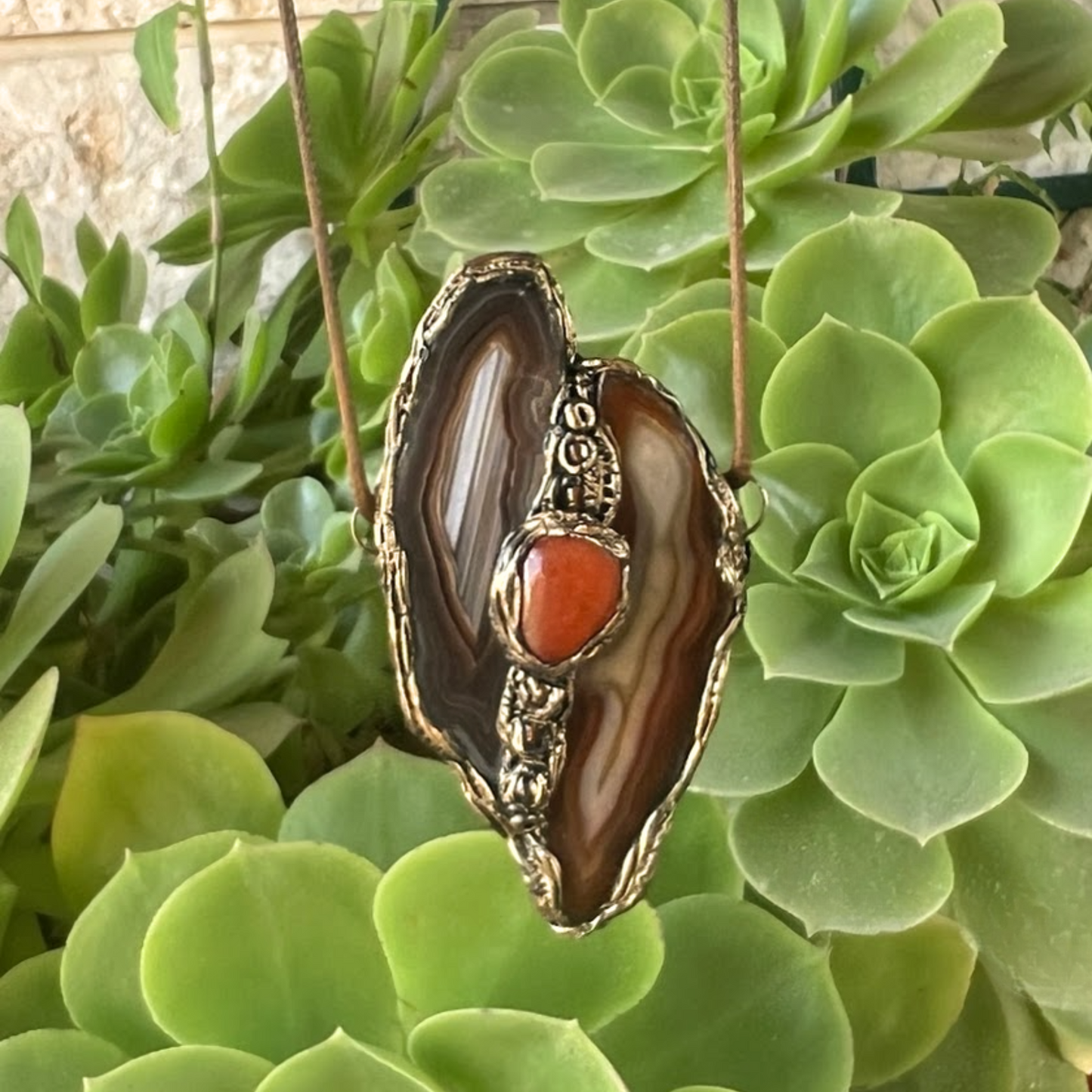 Large Long Agate & Carnelian Pendant Necklace — Chunky Bold Crystal Jewelry