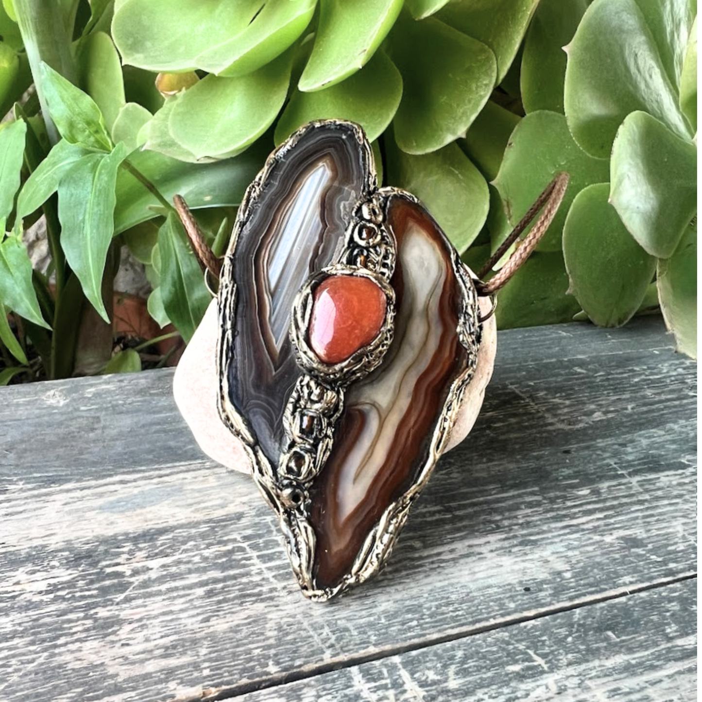 Agate & Carnelian Gemstone Pendant Necklace — Chunky Bold Crystal Jewelry