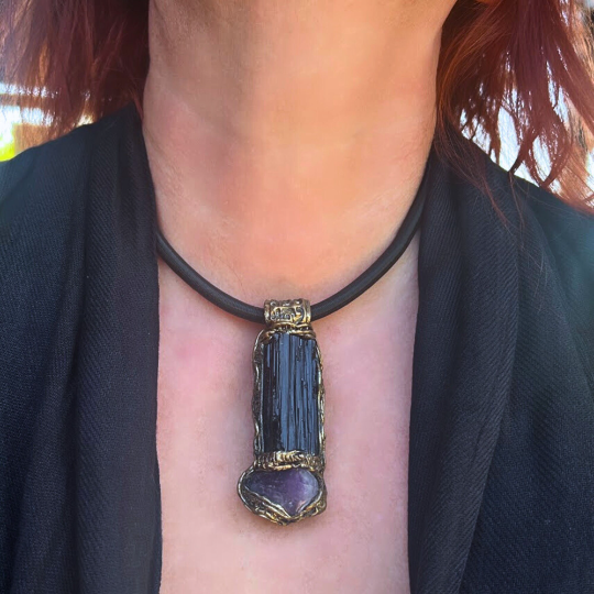 Black Tourmaline Amethyst Hematite pendant necklace empath