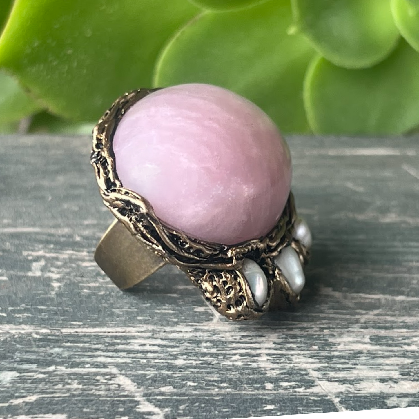 Rose Quartz Crystal Chunky Ring with Pearls, Statement Cocktail Ring
