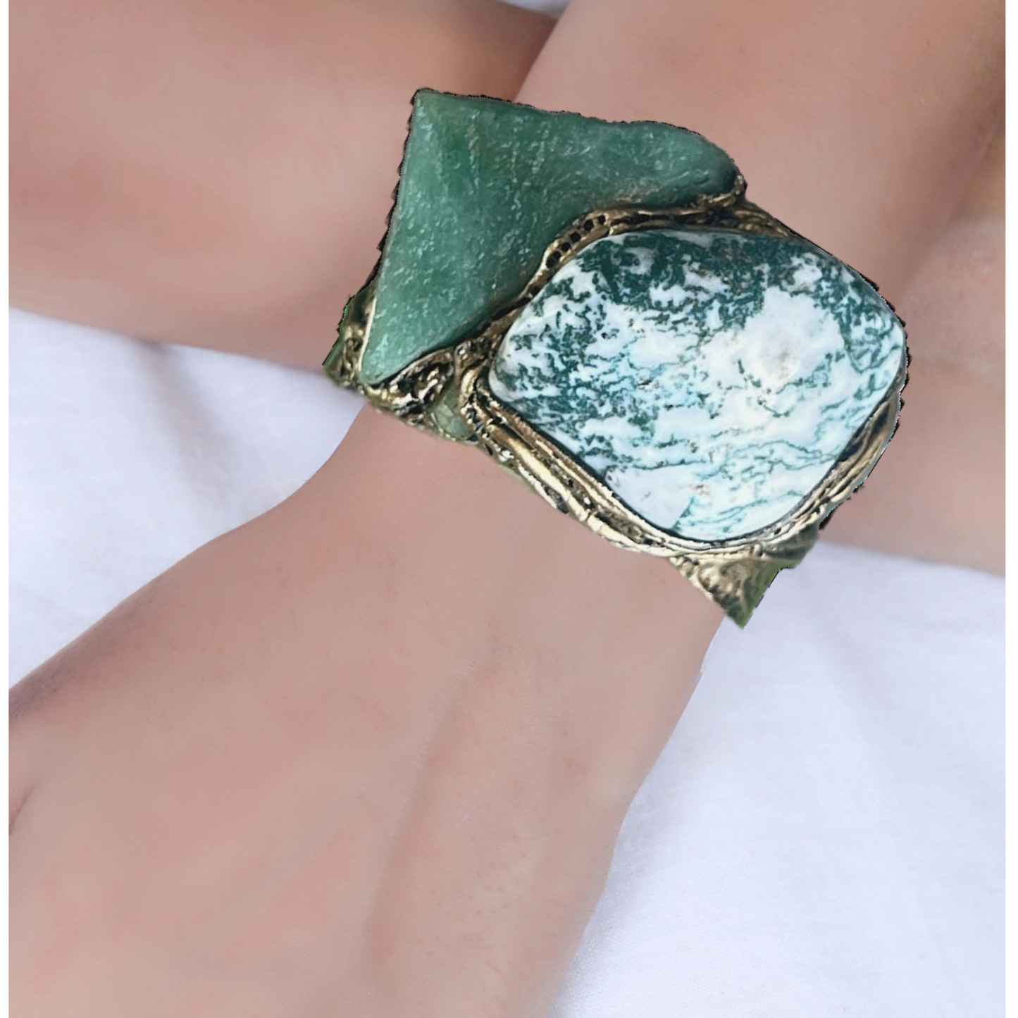 Bold Statement Bracelet - Green Aventurine & Tree Agate Cuff