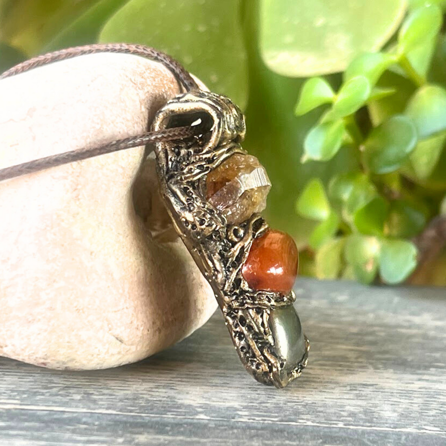 Raw Citrine, Pyrite, and Carnelian Good Luck Pendant Necklace, Raw Crystal Wealth Amulet