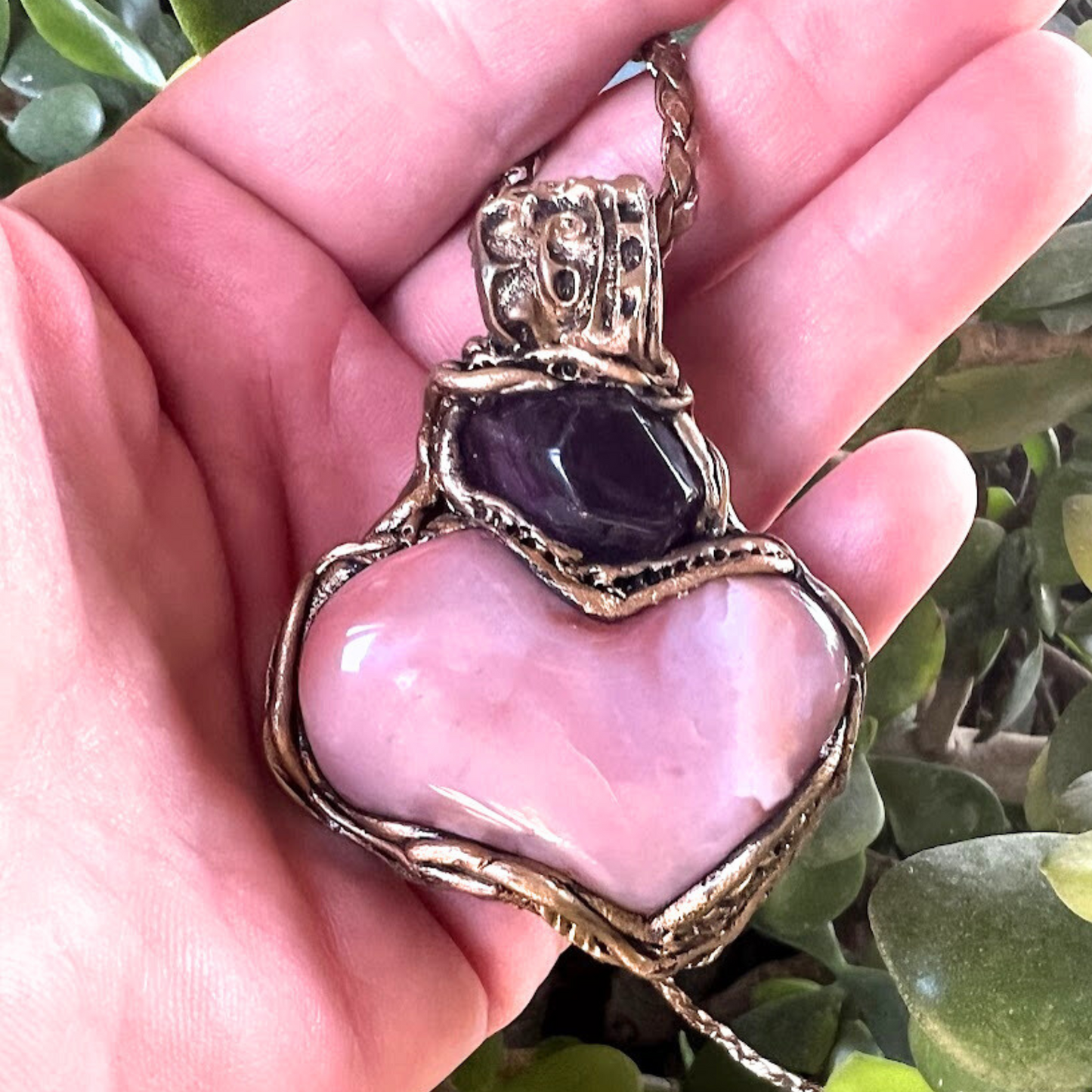 Pink Botswana Agate and Fluorite Large Heart Stone Necklace