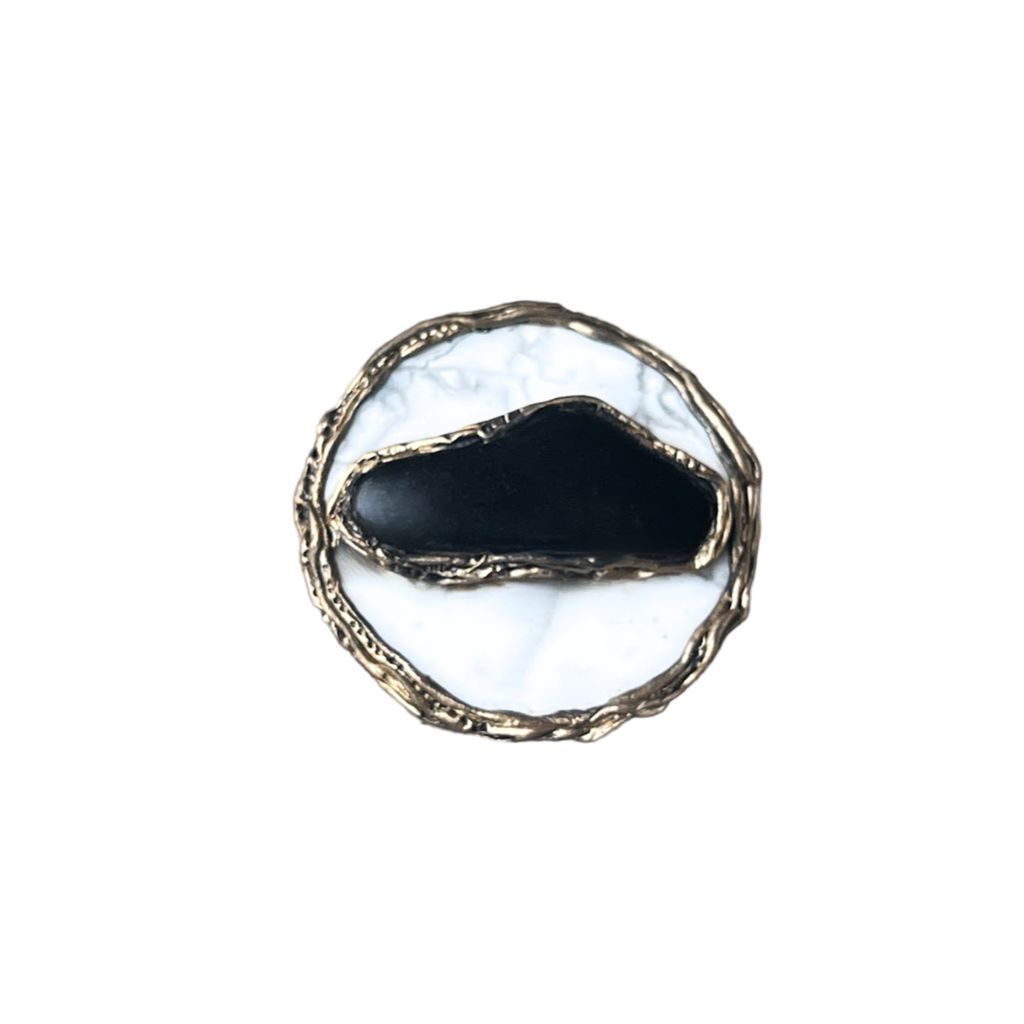 Chunky Black White Ring with Hawkeye Howlite Stone - Bold Cocktail Ring