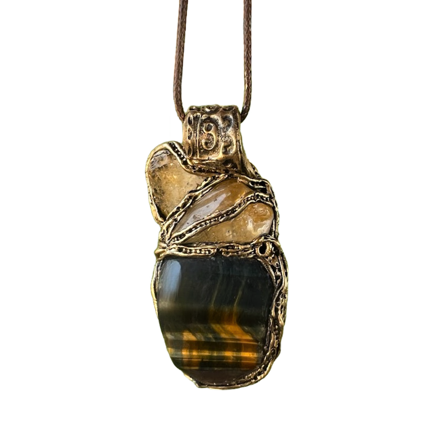 Tiger’s Eye & Citrine Protection Necklace – Crystal Amulet Pendant, Statement Gemstone Jewelry