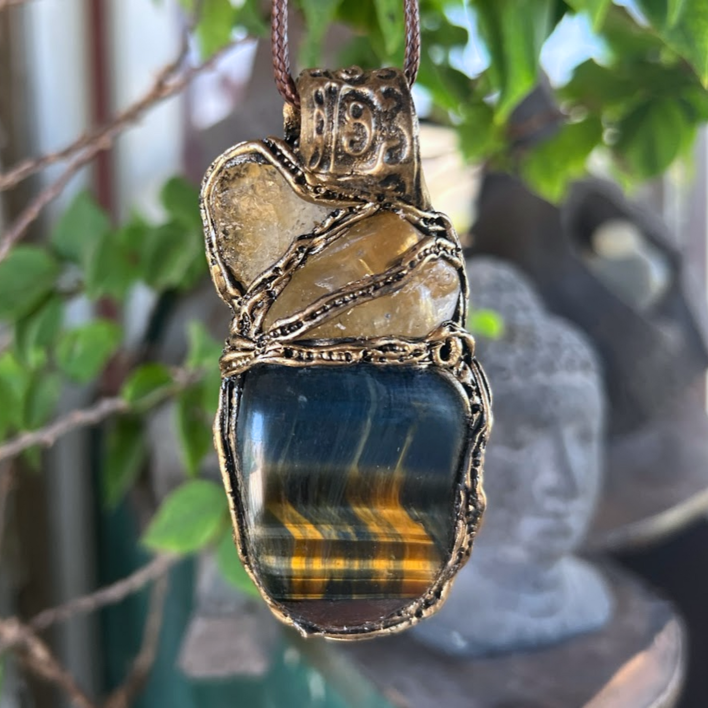 Tiger’s Eye & Citrine Protection Necklace – Crystal Amulet Pendant, Statement Gemstone Jewelry