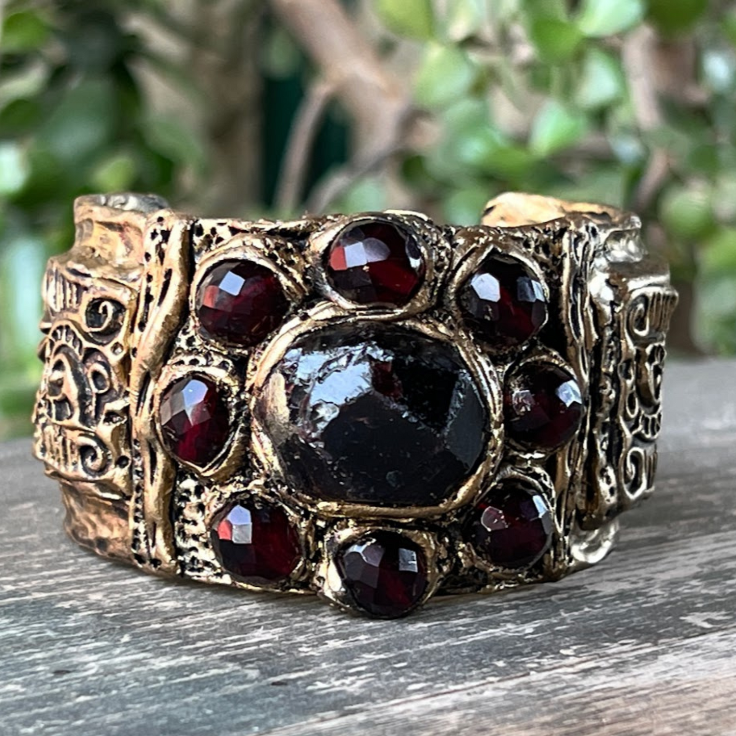 Raw Garnet Large Boho cuff bracelet, unique gift for her