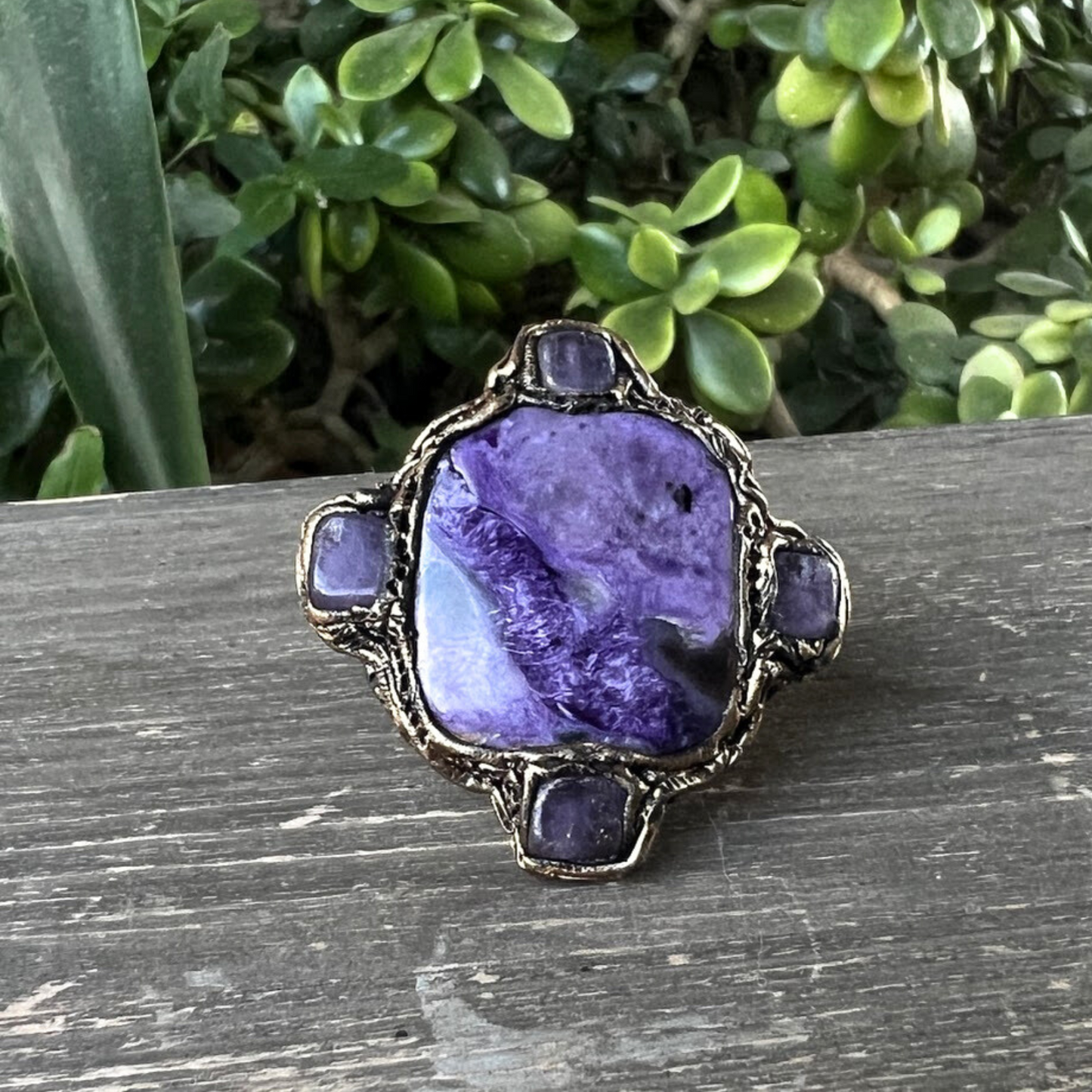 Large Charoite and Chalcedony Stone Ring, Chunky Purple Crystal Cocktail Ring