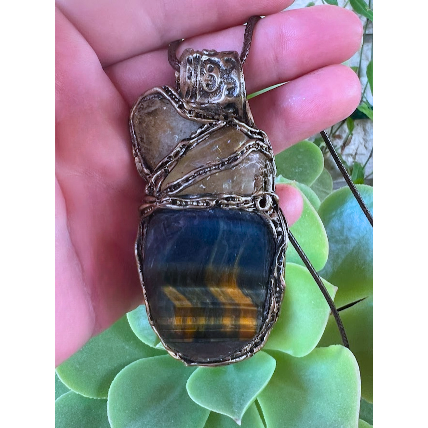 Tiger’s Eye & Citrine Protection Necklace – Crystal Amulet Pendant, Statement Gemstone Jewelry