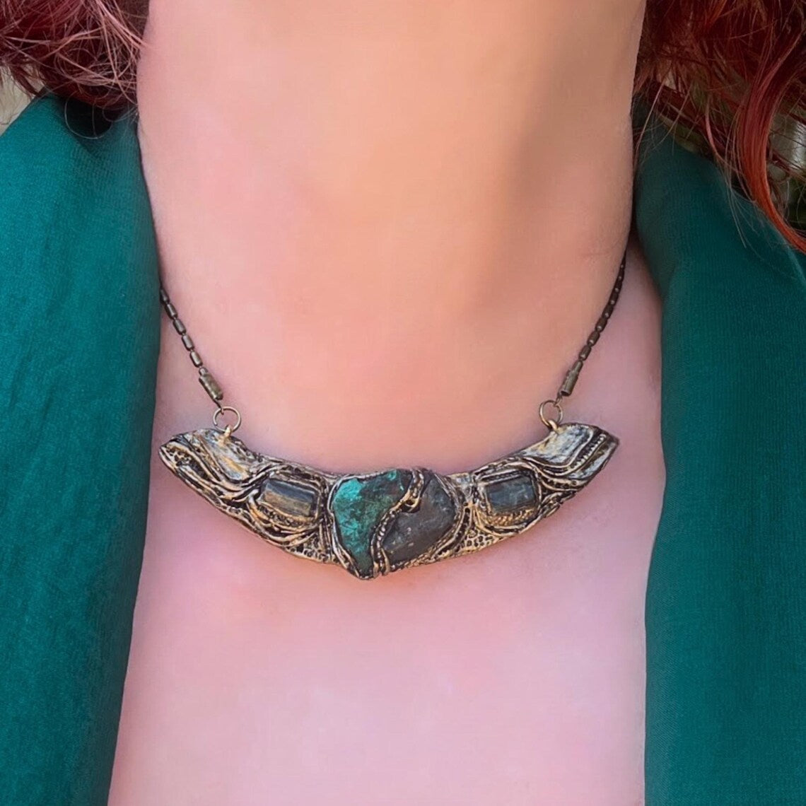 Green Gemstone Raw Emerald Necklace with Malachite & Epidote