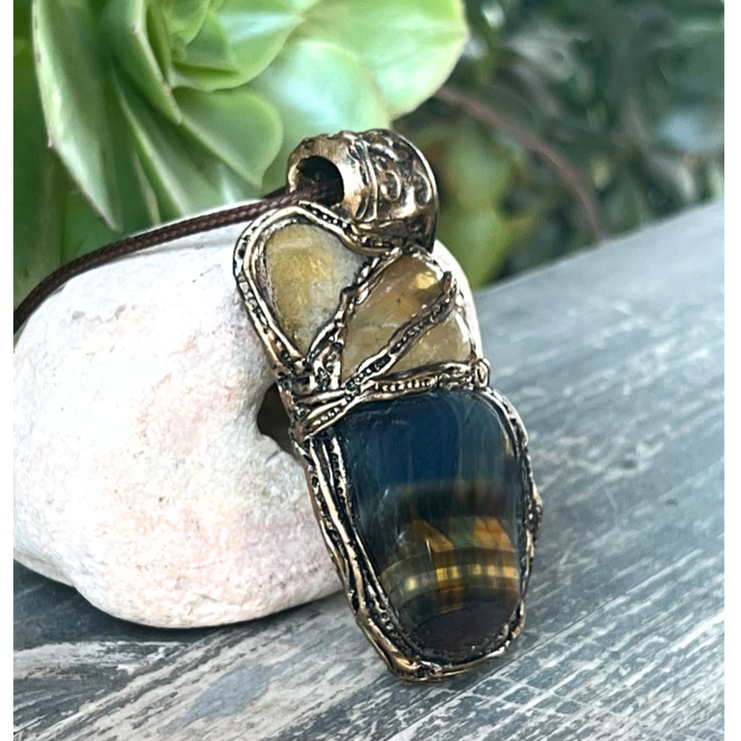 Tiger’s Eye & Citrine Protection Necklace – Crystal Amulet Pendant, Statement Gemstone Jewelry