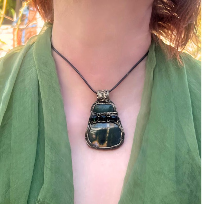 Jade Pendant Necklace with Green Ocean Jasper - Healing Crystal Jewelry