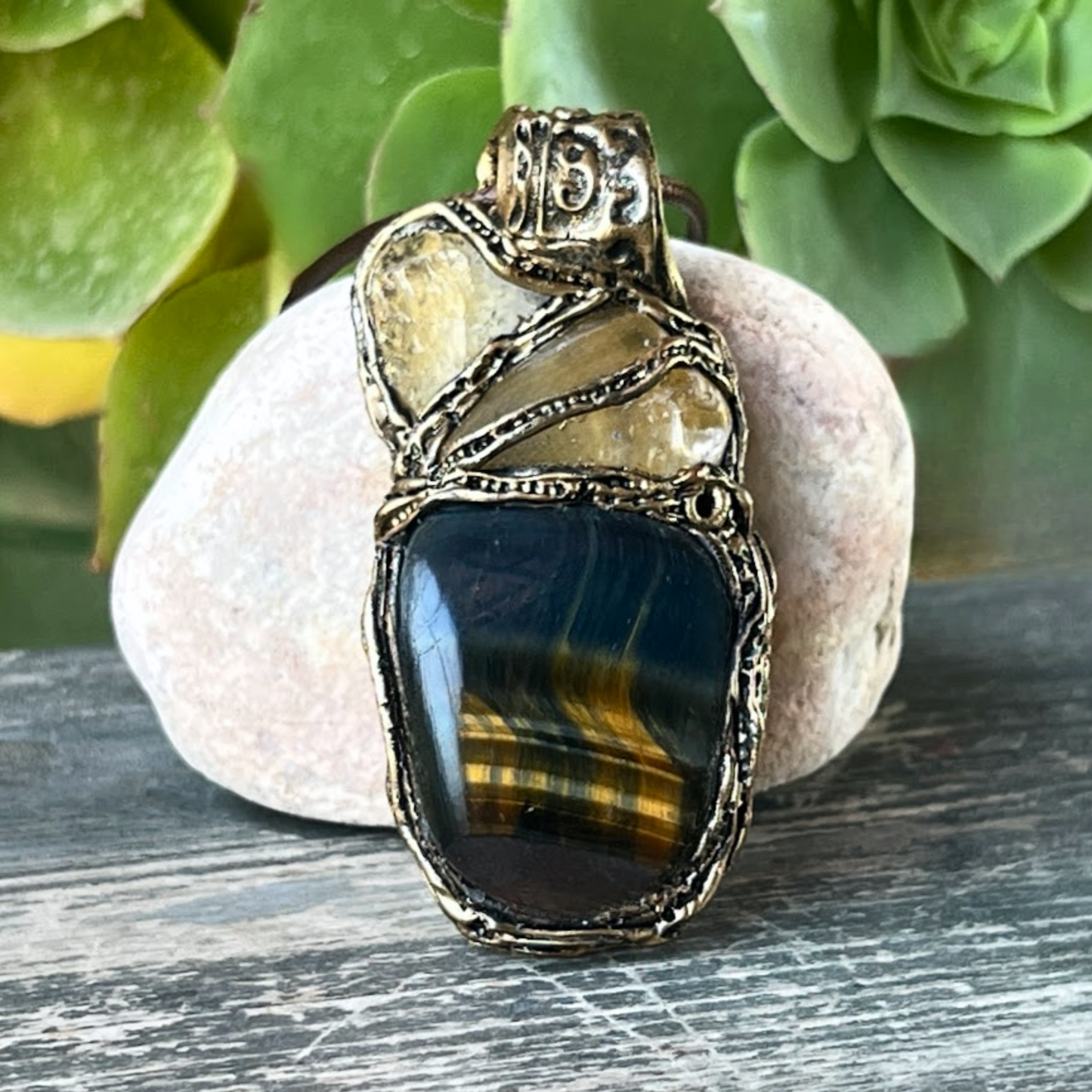 Tiger’s Eye & Citrine Protection Necklace – Crystal Amulet Pendant, Statement Gemstone Jewelry
