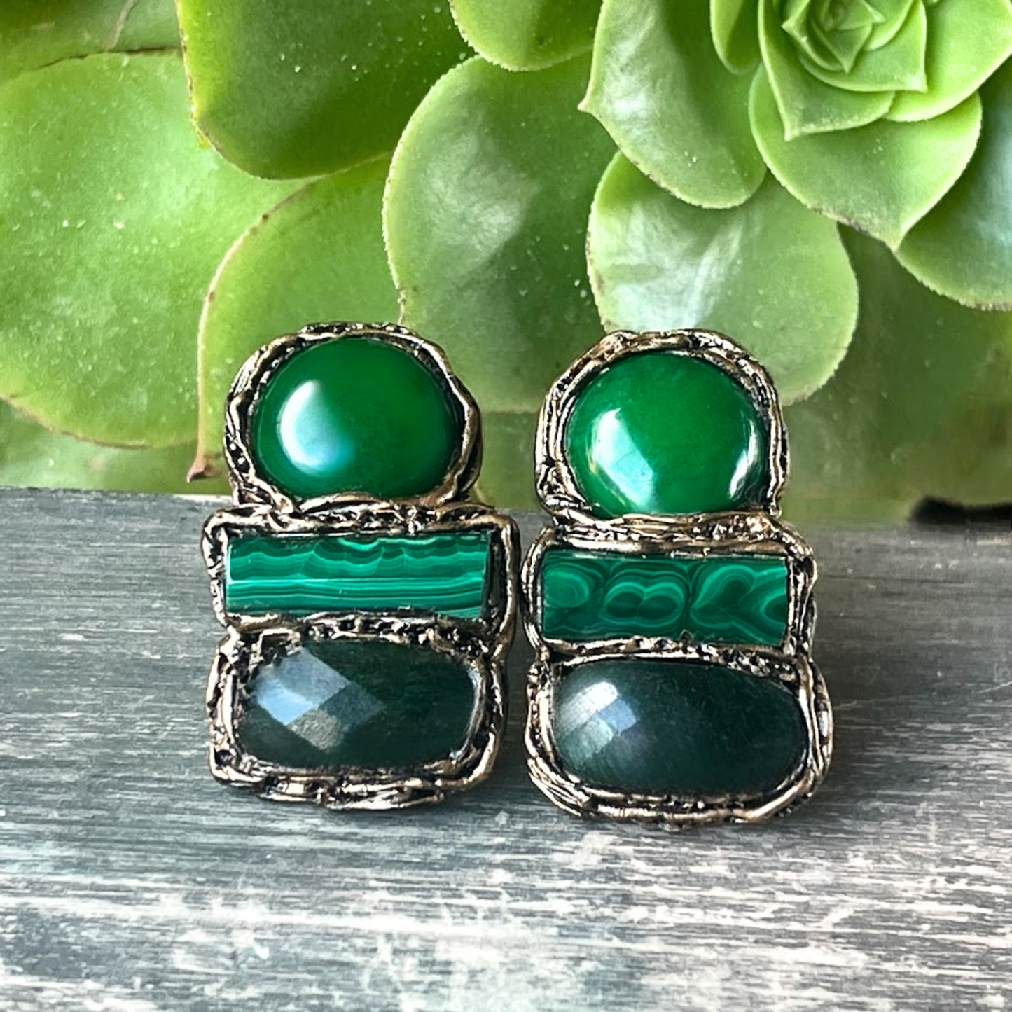 Malachite & Jade Green Earrings, Gemstone Statement Clip On