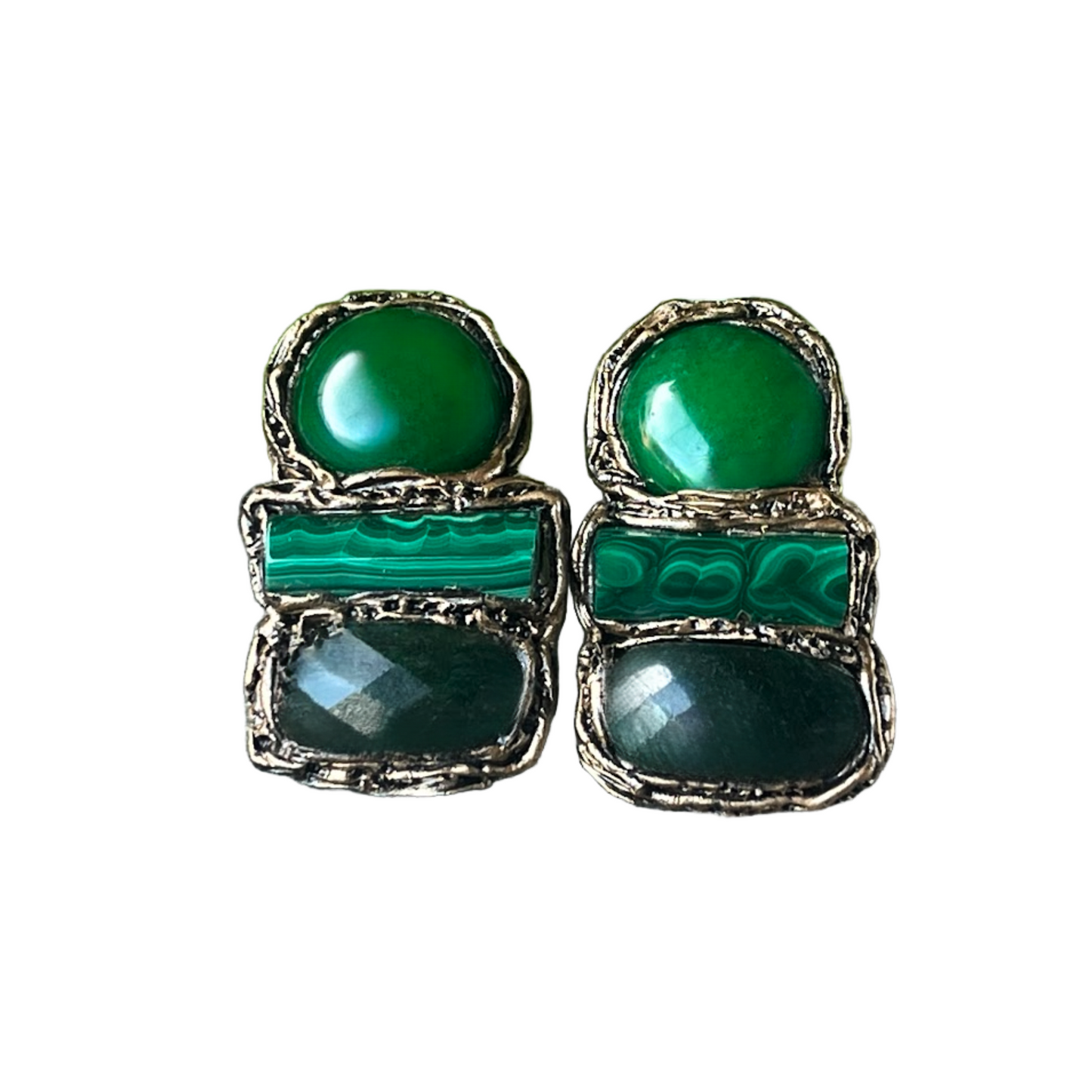 Malachite & Jade Green Earrings, Gemstone Statement Clip On