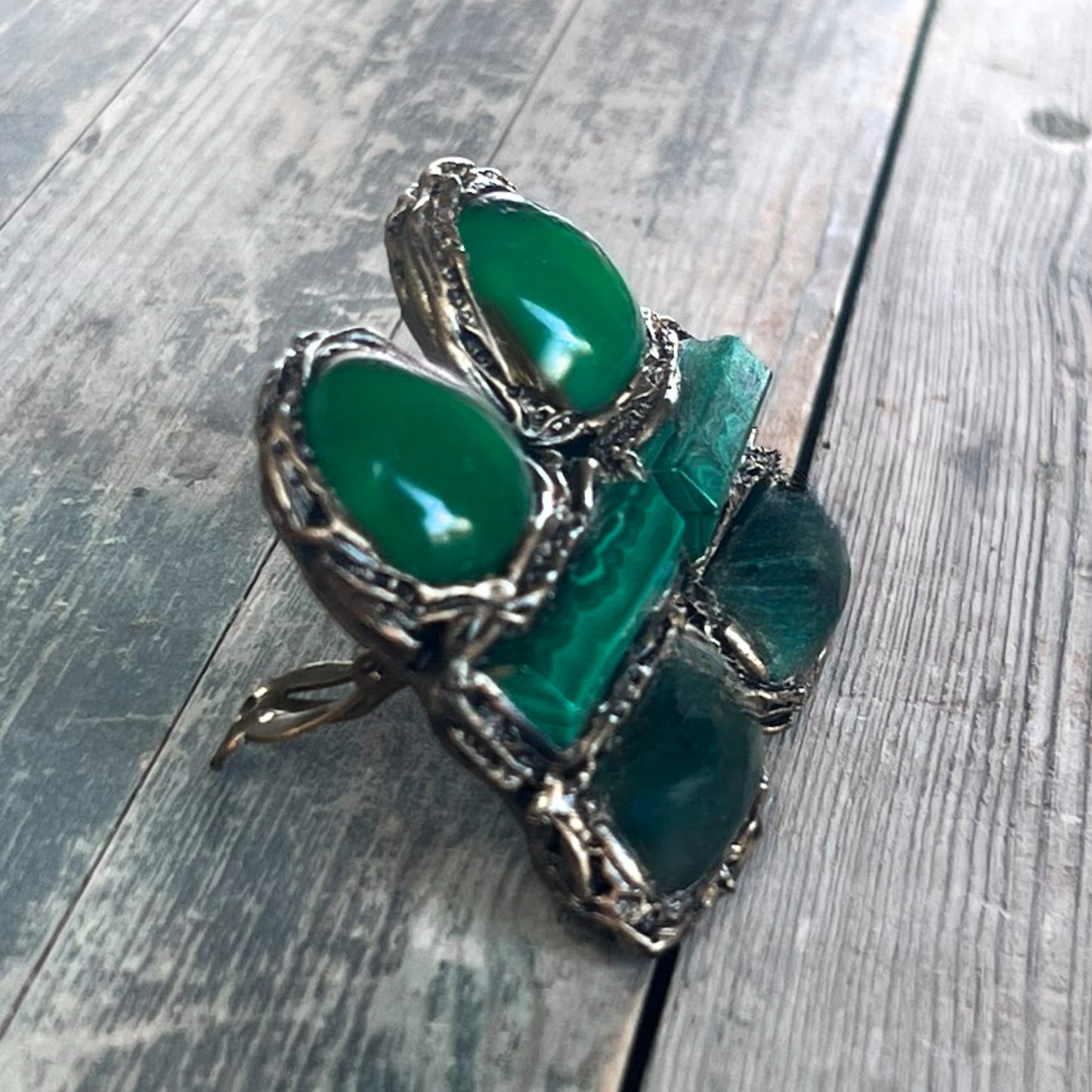 Malachite & Jade Green Earrings, Gemstone Statement Clip On