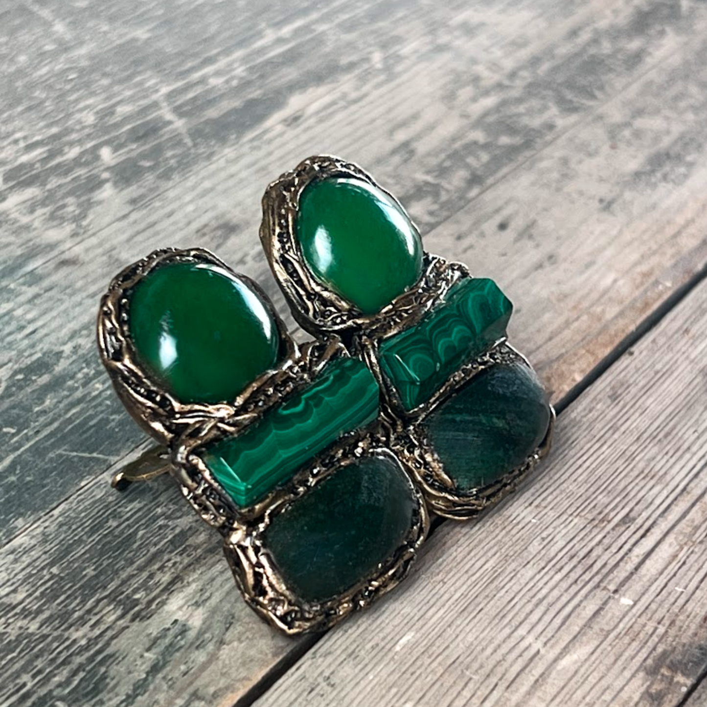 Malachite & Jade Green Earrings, Gemstone Statement Clip On