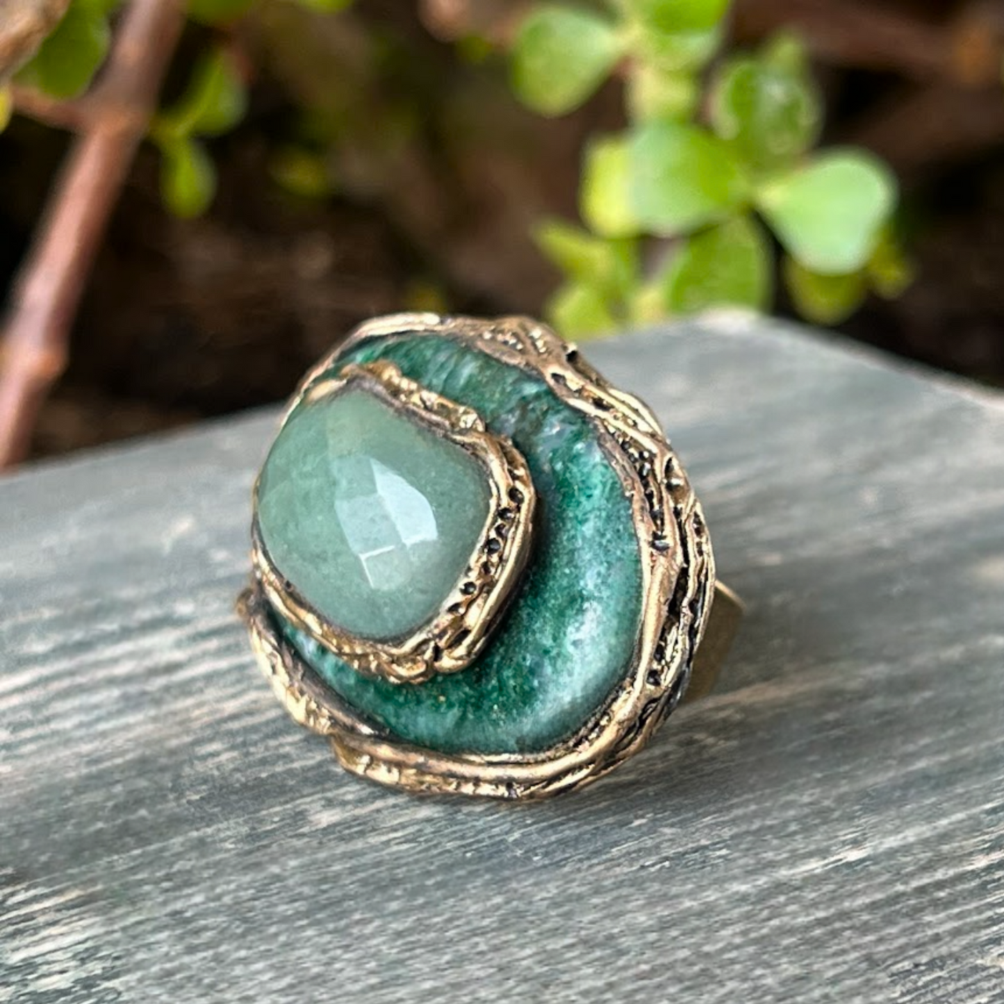 Dark and Light Aventurine Green Stone Ring - Bold Statement Jewelry