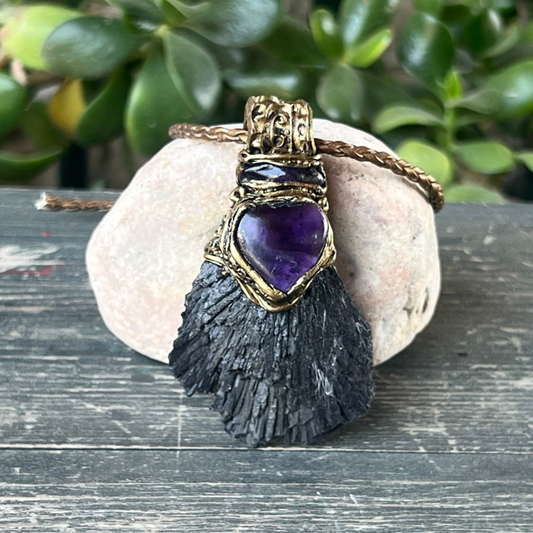 Raw Crystal Pendant Necklace with Amethyst and Black Kyanite, Empath Protection Amulet, Spiritual Jewelry