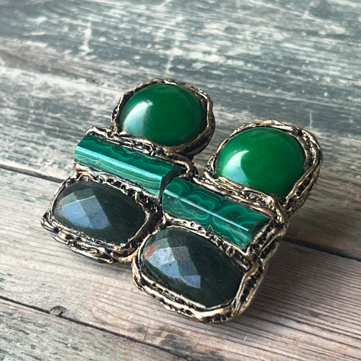 Malachite & Jade Green Earrings, Gemstone Statement Clip On