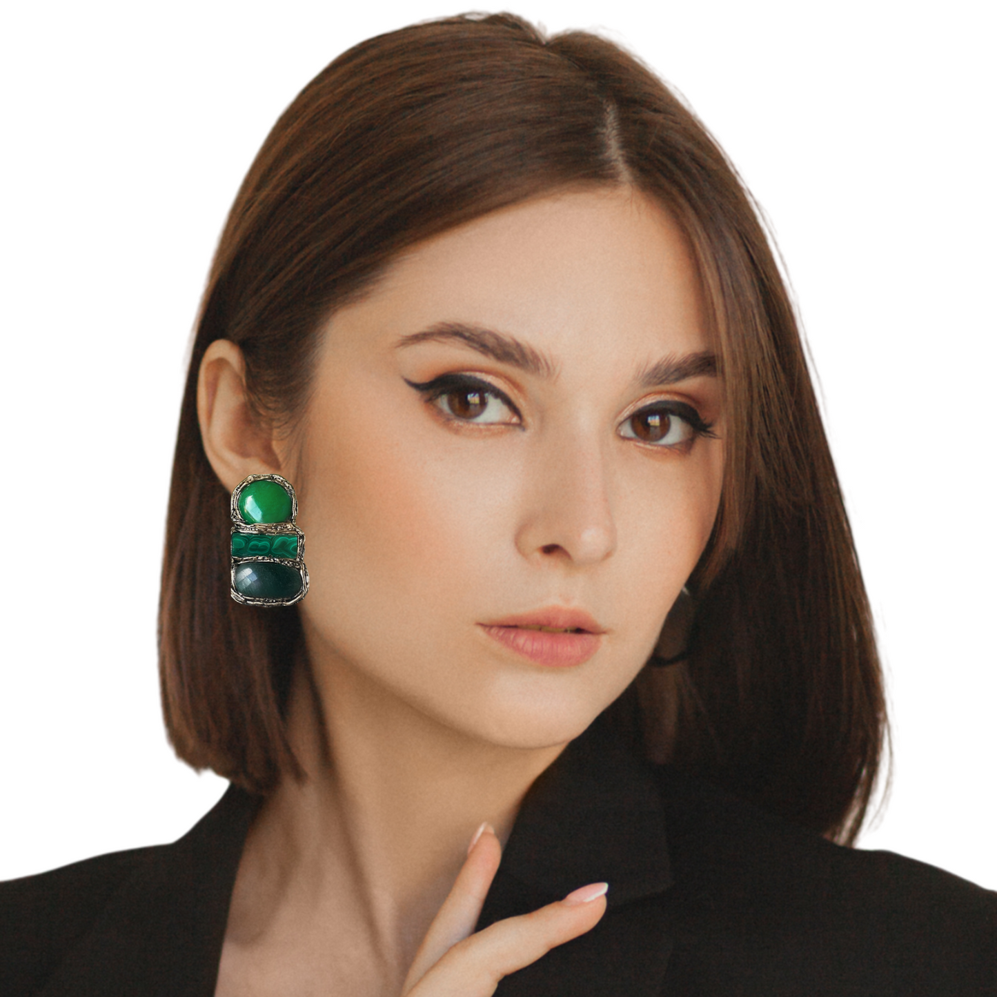 Malachite & Jade Green Earrings, Gemstone Statement Clip On
