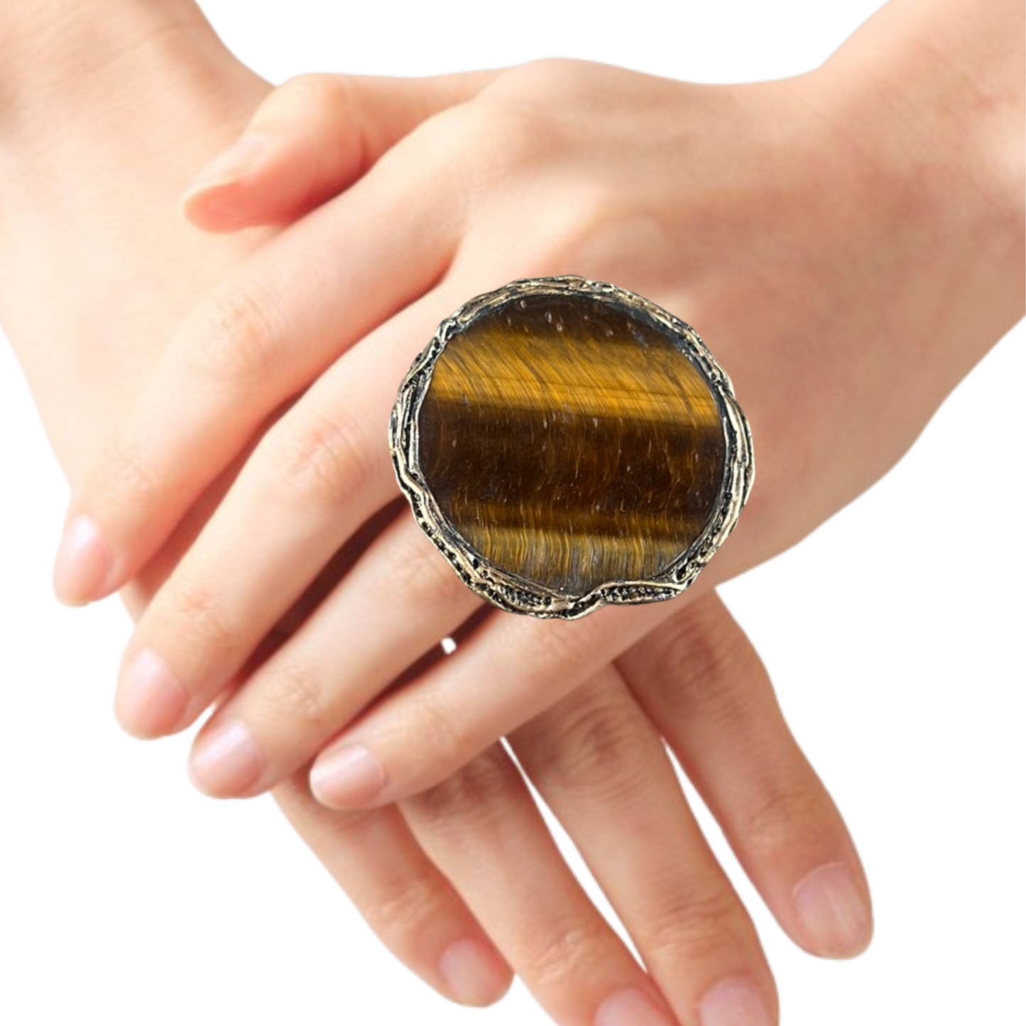 Tiger Eye Statement Cocktail Ring - Stylish Bold Round Gemstone Ring