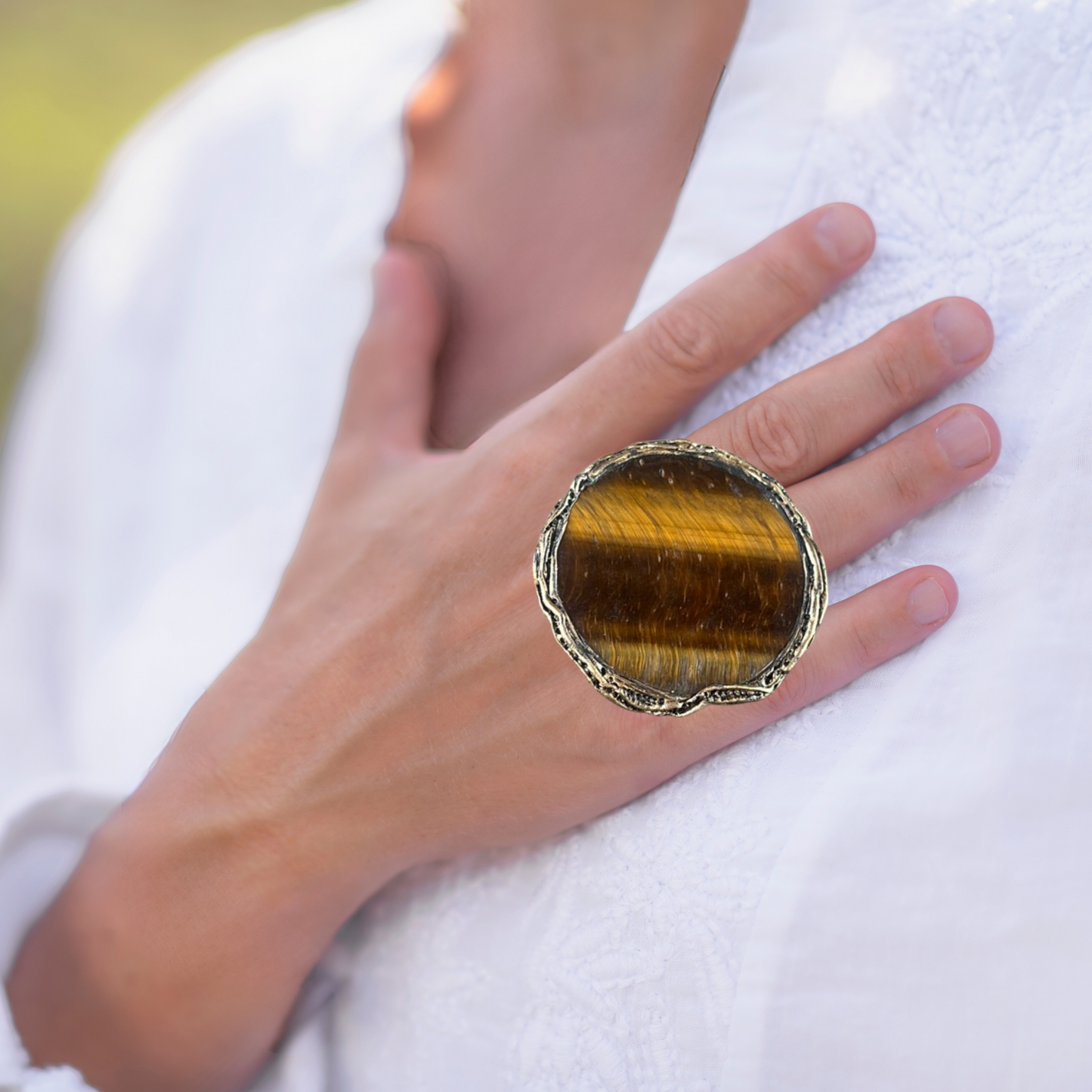 Tiger Eye Statement Cocktail Ring - Stylish Bold Round Gemstone Ring