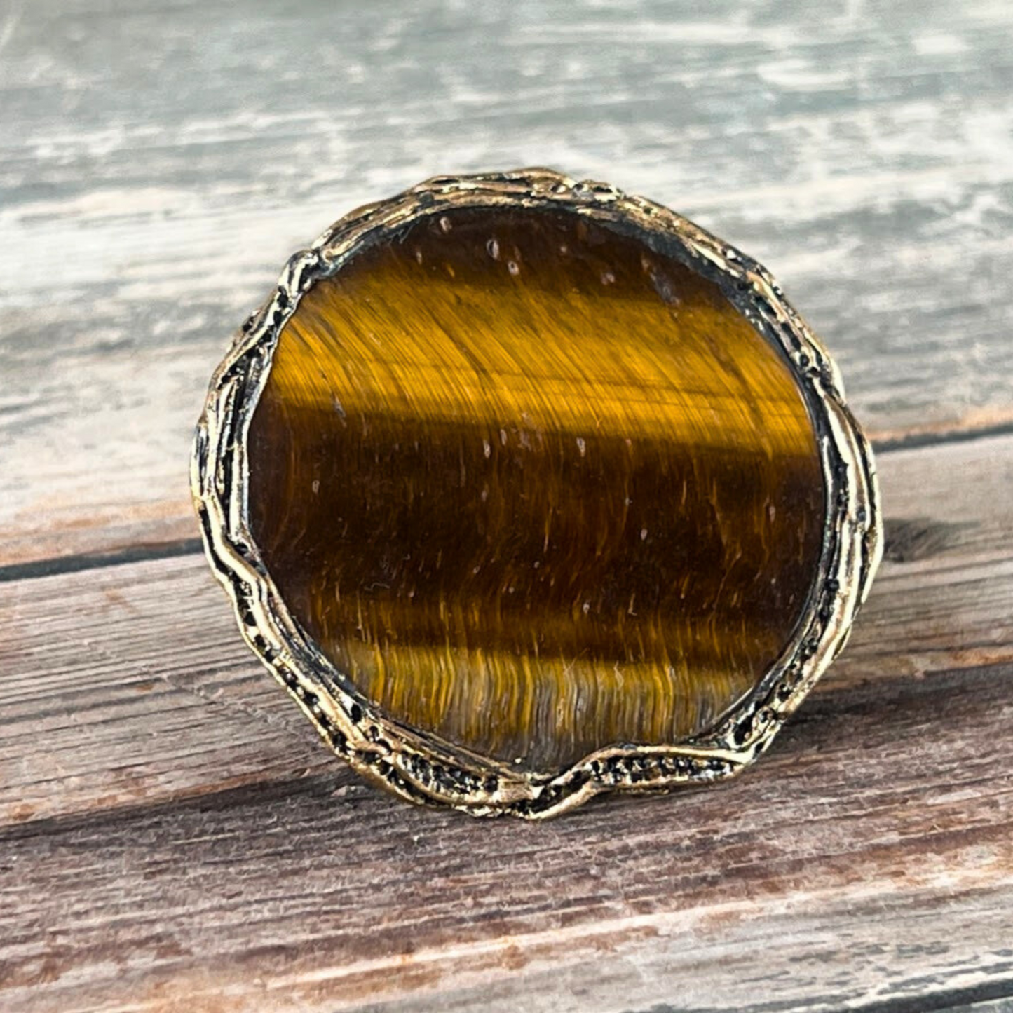 Tiger Eye Statement Cocktail Ring - Stylish Bold Round Gemstone Ring