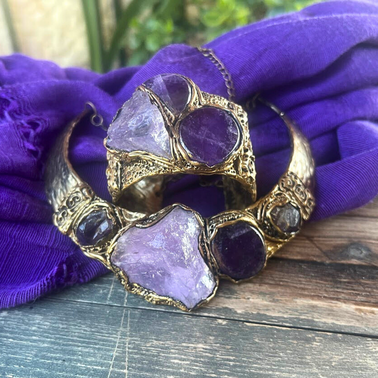 Amethyst Crystal Cuff Bracelet, Boho Purple Stone Bracelet