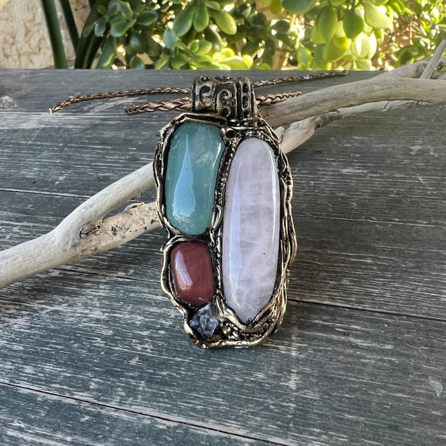 Rose Quartz and Green Onyx Pendant Necklace - Statement Gemstone Jewelry