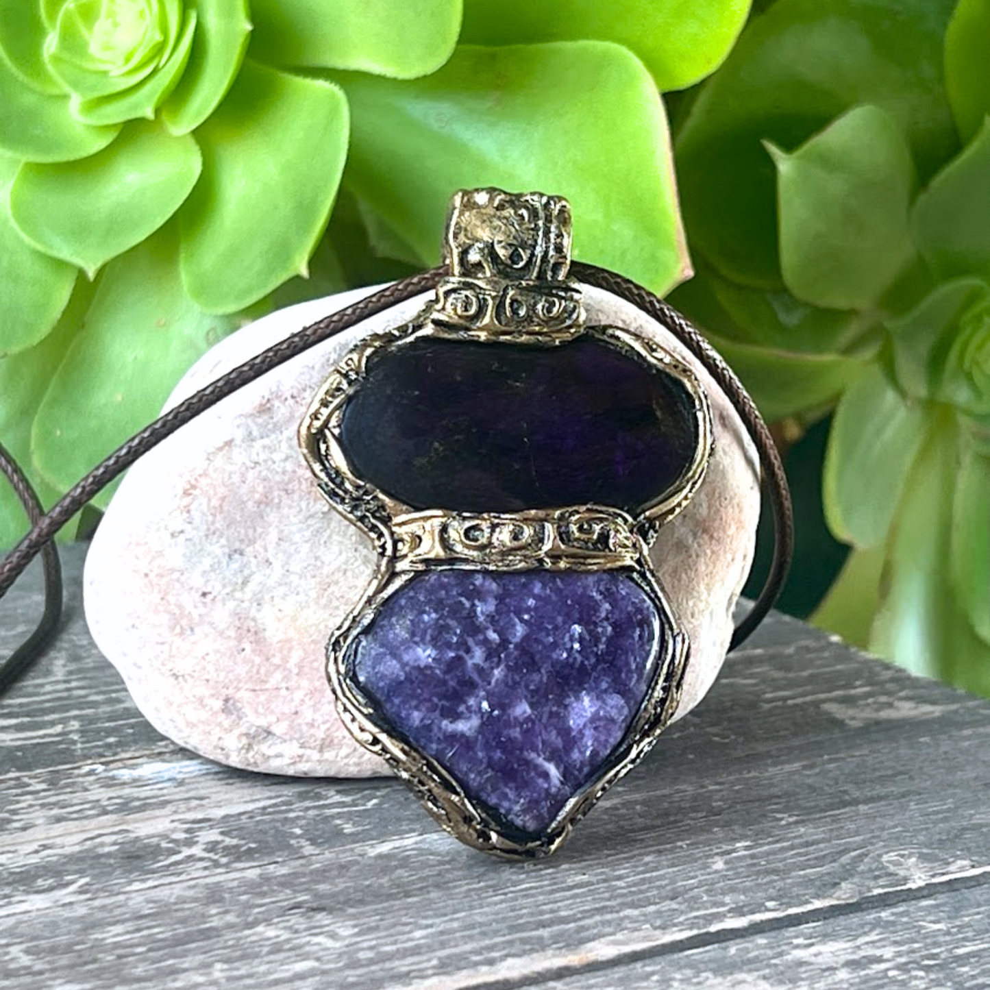 Lepidolite and Purpurite Gemstone Necklace with Large Purple Pendant