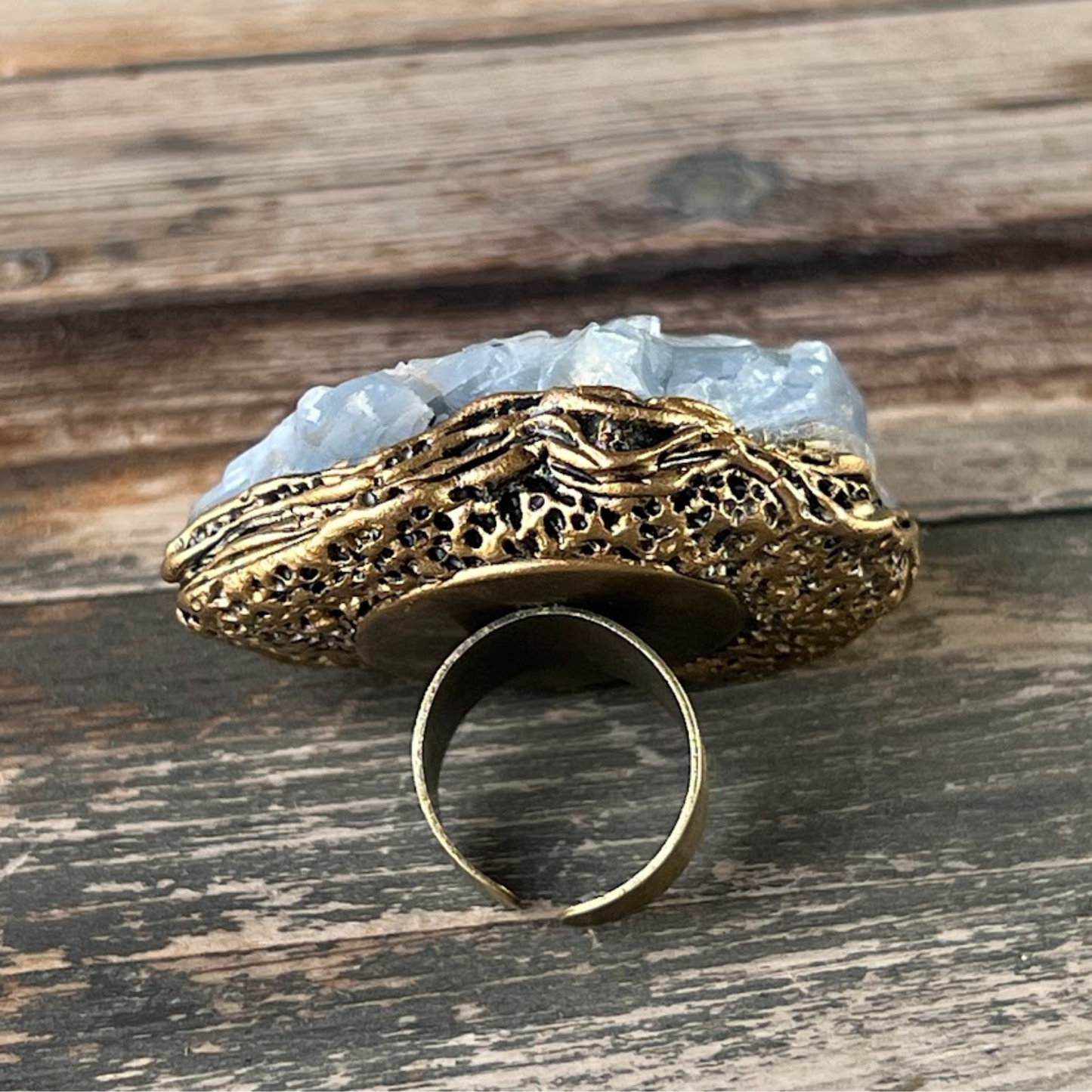 Chunky Raw Crystal Ring with Blue Calcite - Statement Gemstone Jewelry