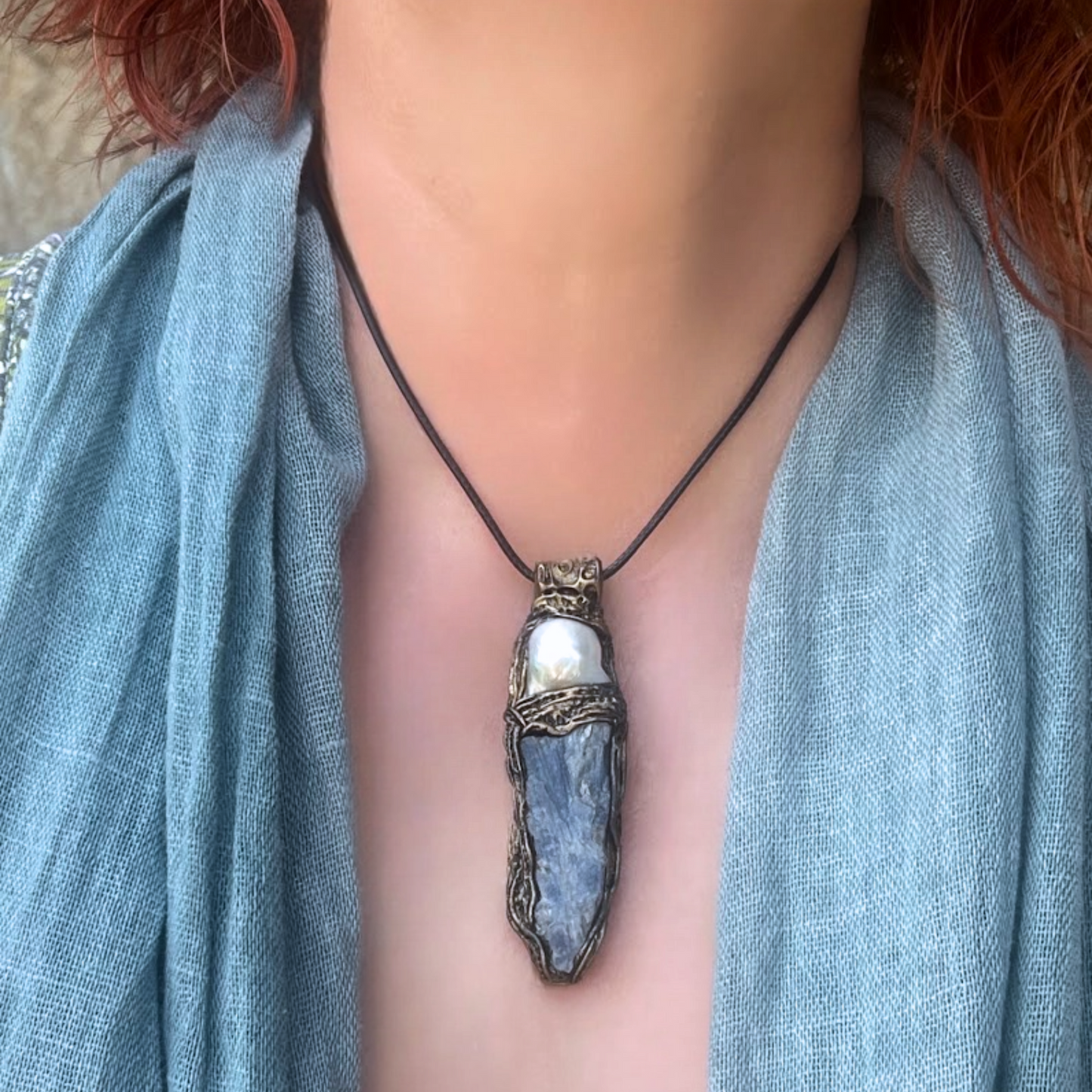 Blue Kyanite and Baroque Pearl Necklace – Calming Crystal Jewelry