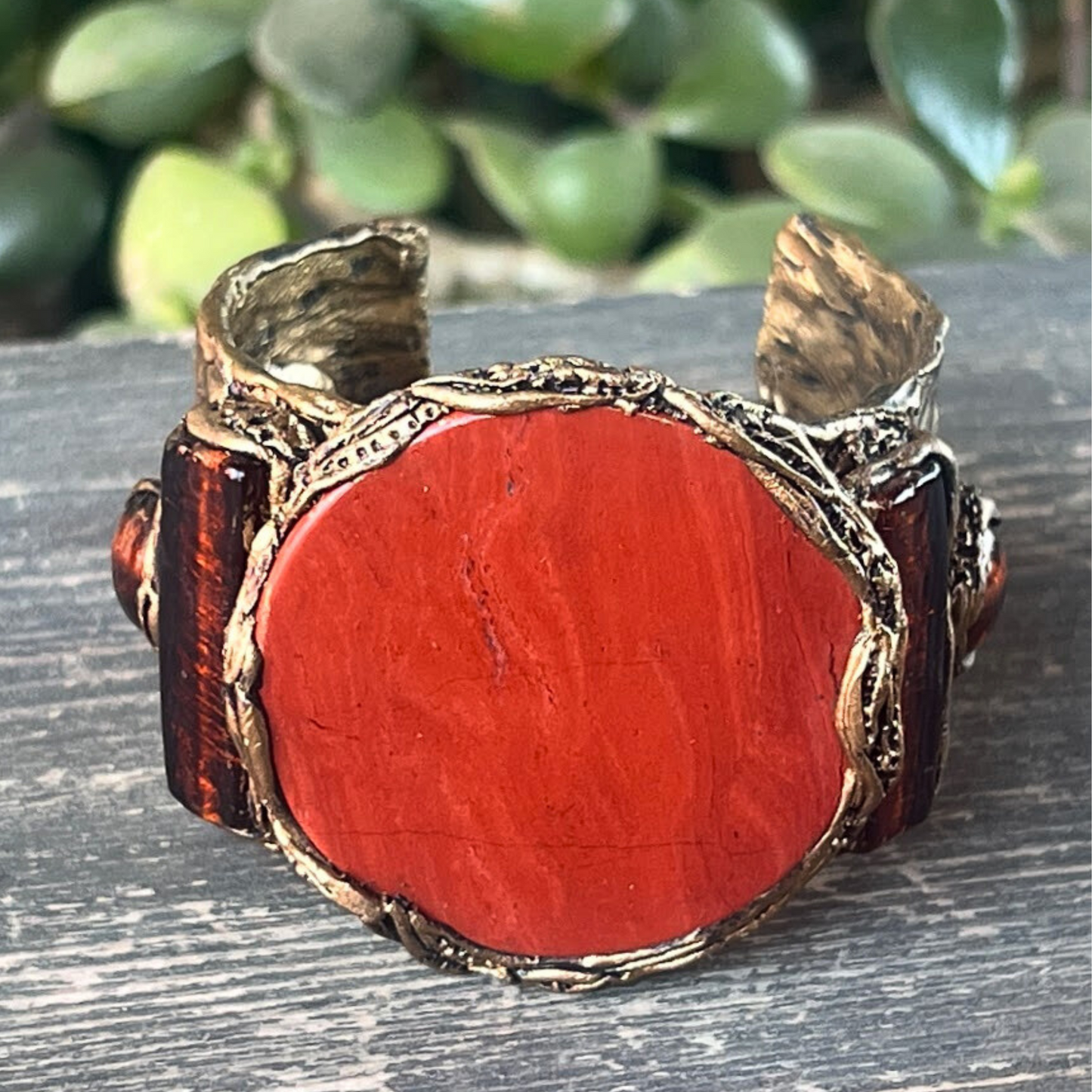 Red Jasper and Murano Glass Statement Cuff Bracelet, Chunky Boho Healing Crystal Bracelet