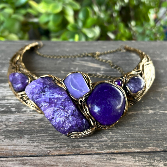 Purple Gemstone chunky necklace, Choker collar with Quartz, Agate and Chalcedony