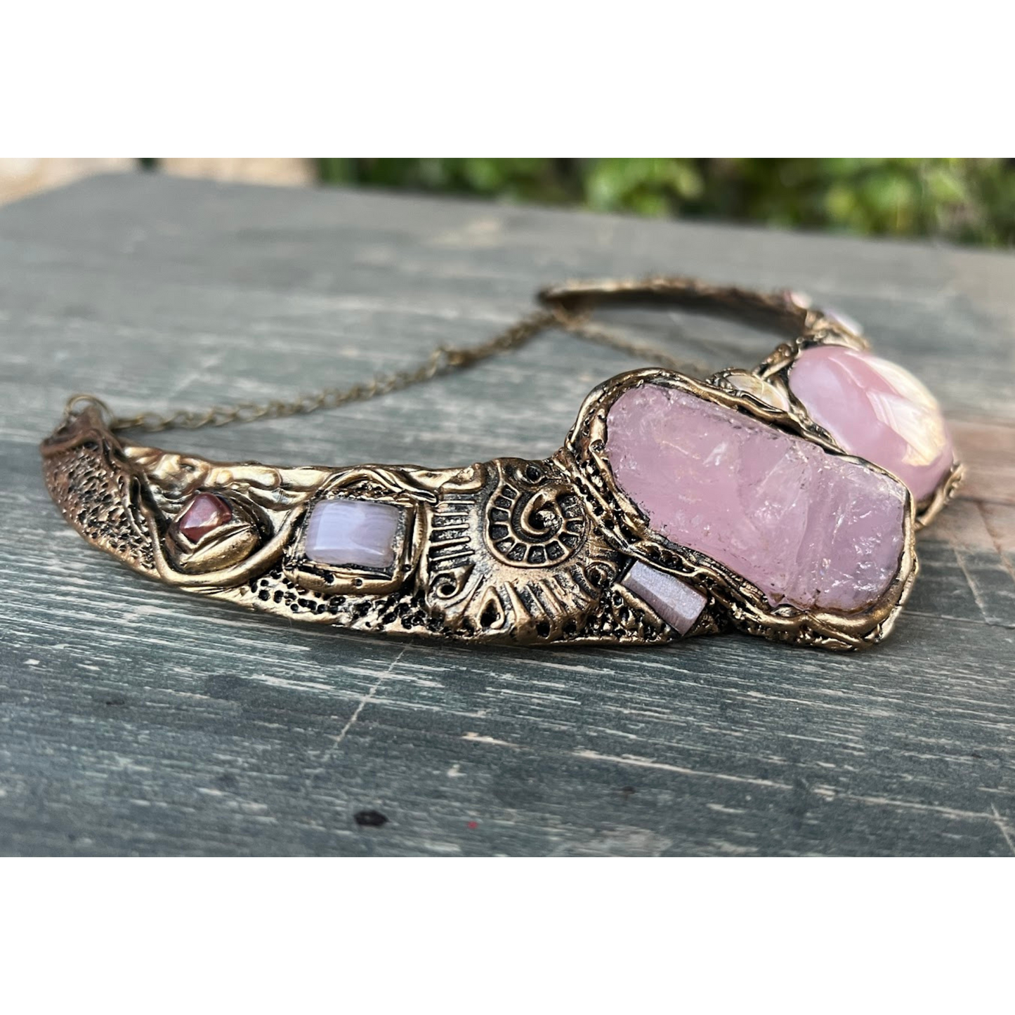 Rose Quartz Chunky Raw Crystal Necklace, Boho Statement Choker Collar