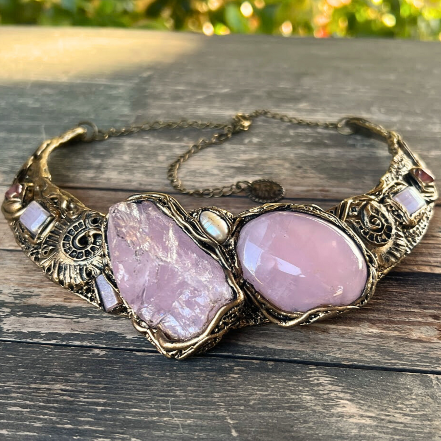 Rose Quartz Chunky Raw Crystal Necklace, Boho Statement Choker Collar